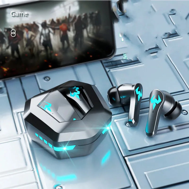 Black in-ear Bluetooth sports headset with microphone for gaming and calls.