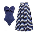 Women's denim colour vintage one-piece swimsuit with separate skirt for beach holidays