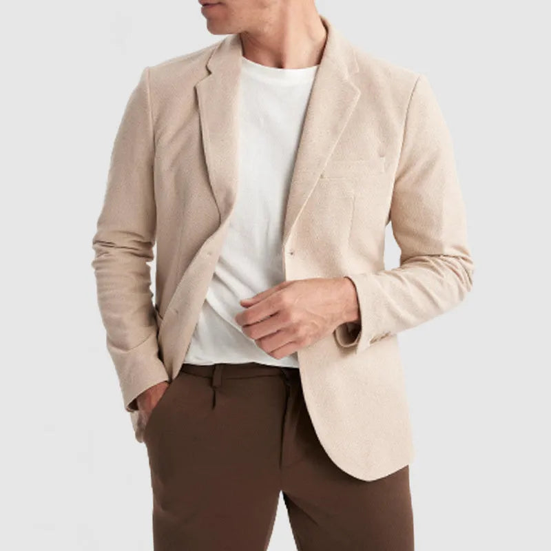 Business casual slim fit double button suit jacket with bag cover seam pocket in polyester blend, white button variant