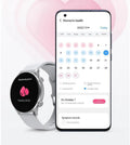 Black or white Bluetooth smartwatch on wrist showing AMOLED display with heart rate and call icons.