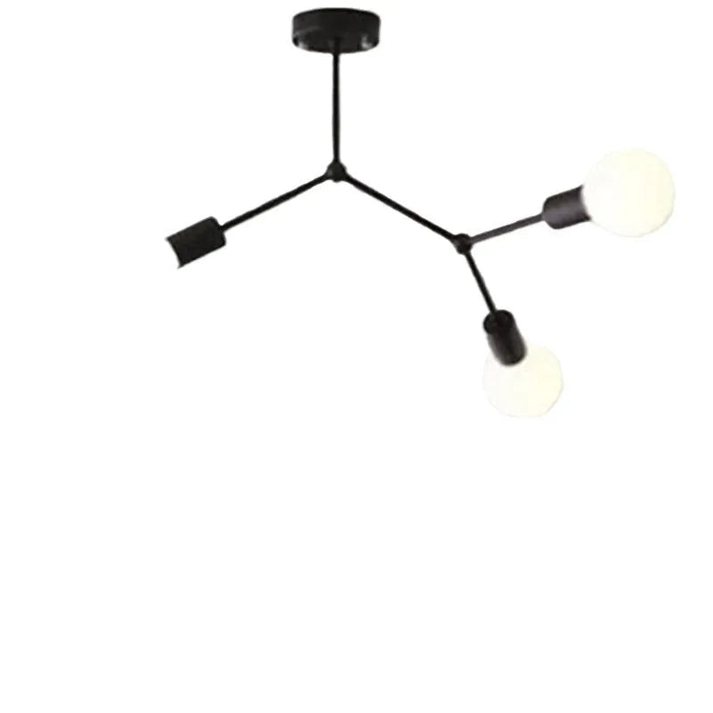 Minimalist black iron ceiling chandelier with six light heads in a Nordic style, against a white background.