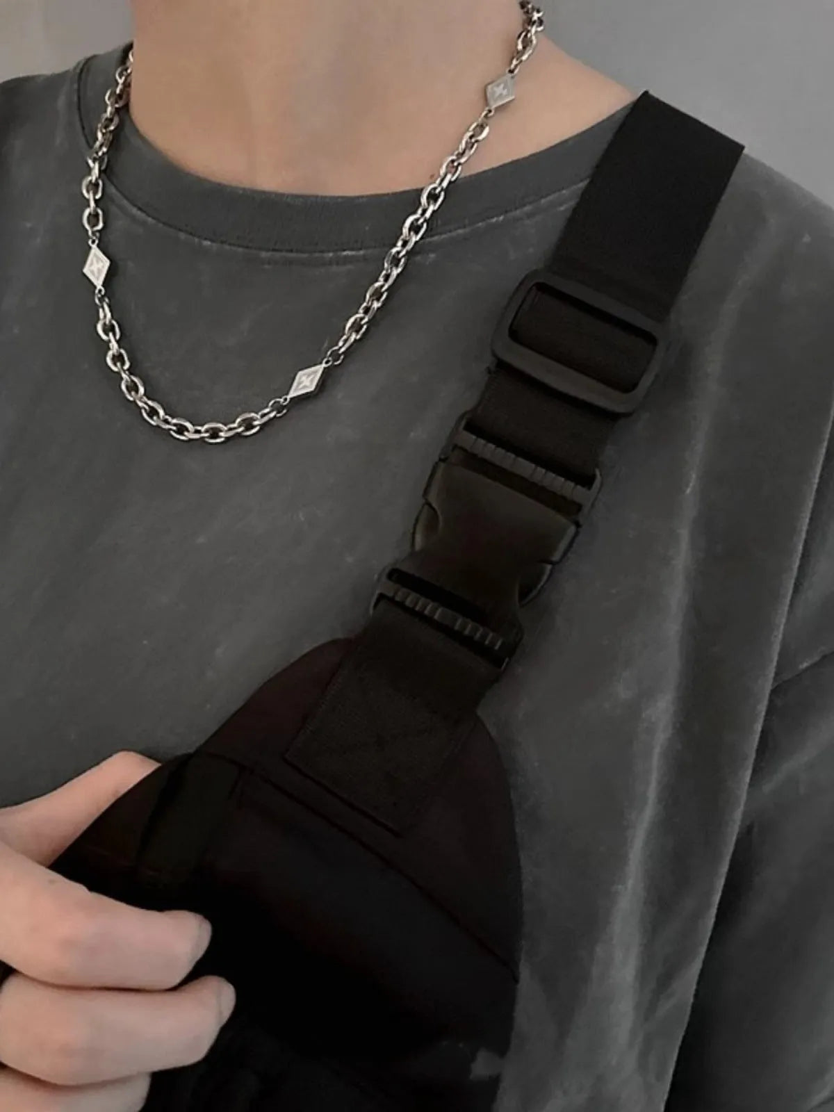 Men's titanium steel diamond pendant necklace on Cuban link chain