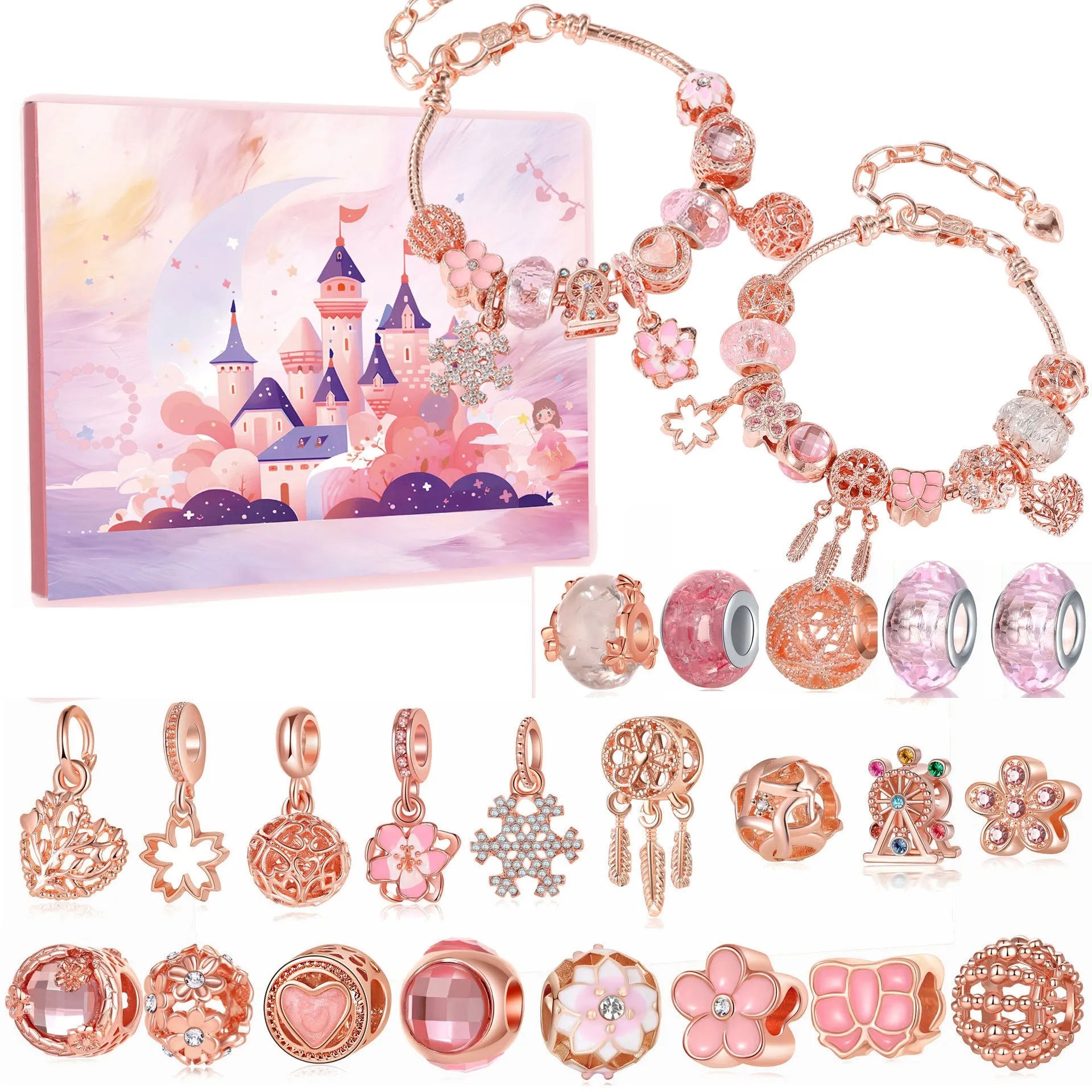 Christmas bead string jewelry gift box with electroplated alloy finish, cartoon style, multiple colour options displayed