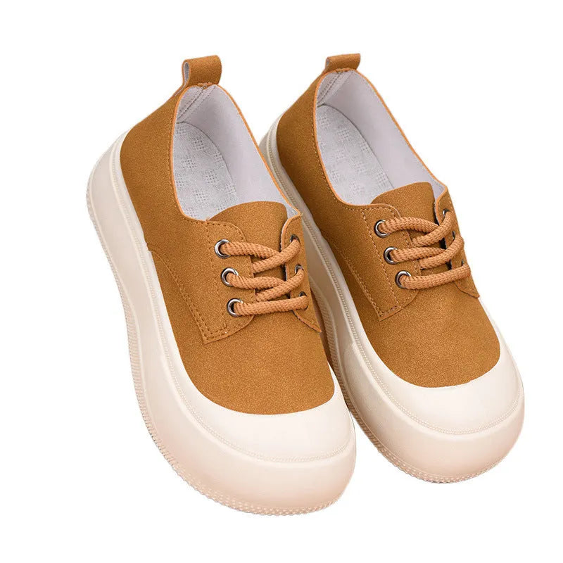 Women's camel suede platform loafers with a round toe, flat 4cm rubber sole, and front lace-up fastening.