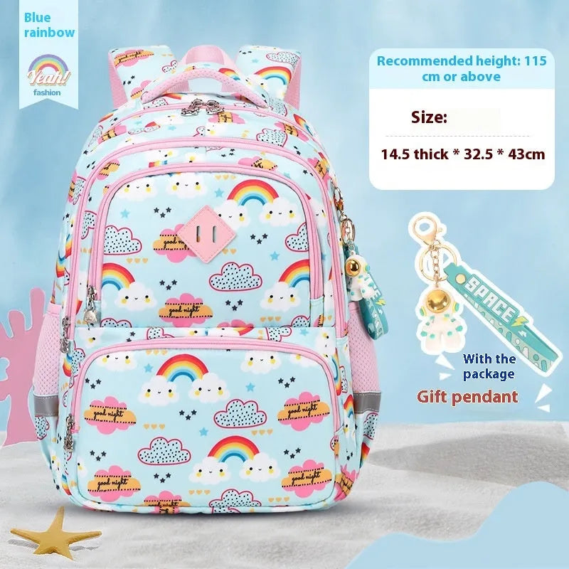 Blue children's school backpack made from Oxford cloth with curved straps, shown in a dinosaur pattern design.