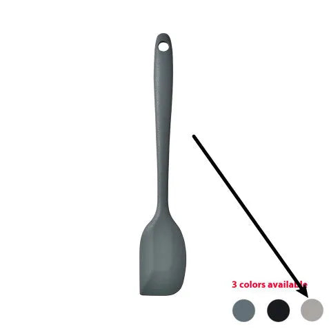 12-piece black silicone kitchen utensil set including spatula, spoon, and claw tools in a rotating storage bucket on a kitchen counter.