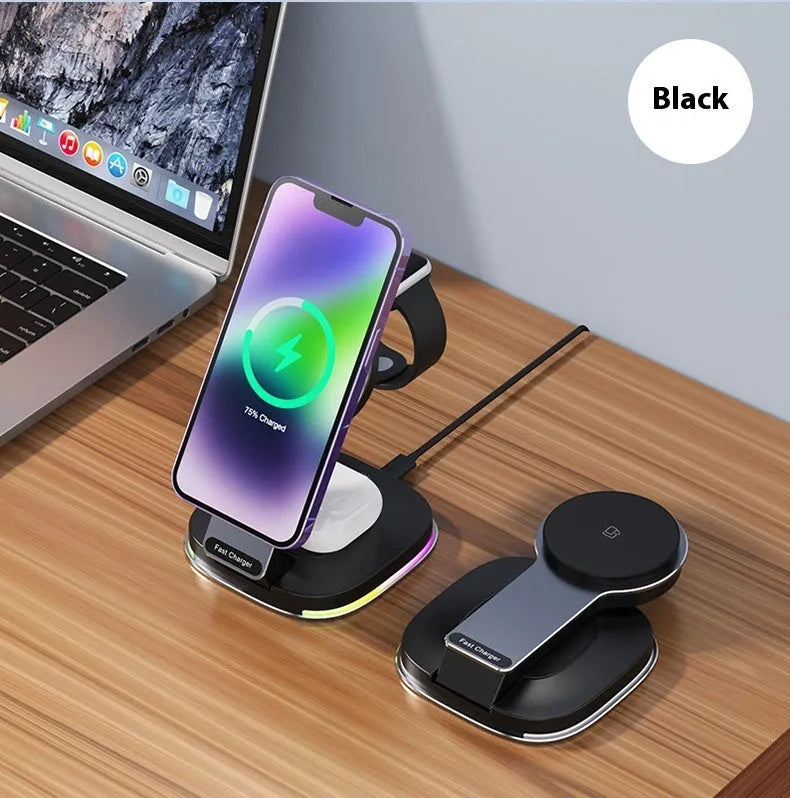 15W three-in-one wireless charger stand for phone, earbuds and watch in black aluminium finish