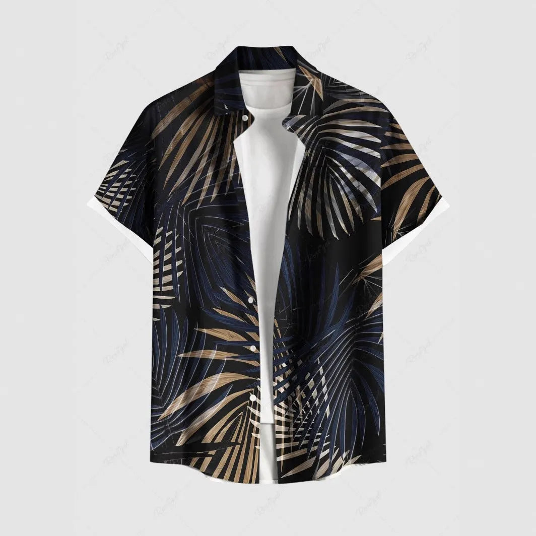 Men's striped short sleeve shirt with stand collar in loose cardigan style