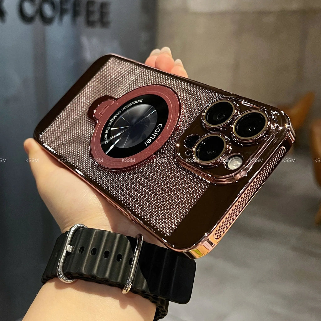 Rotary magnetic phone case with bracket and honeycomb cooling holes, electroplated PC, for iPhone 15