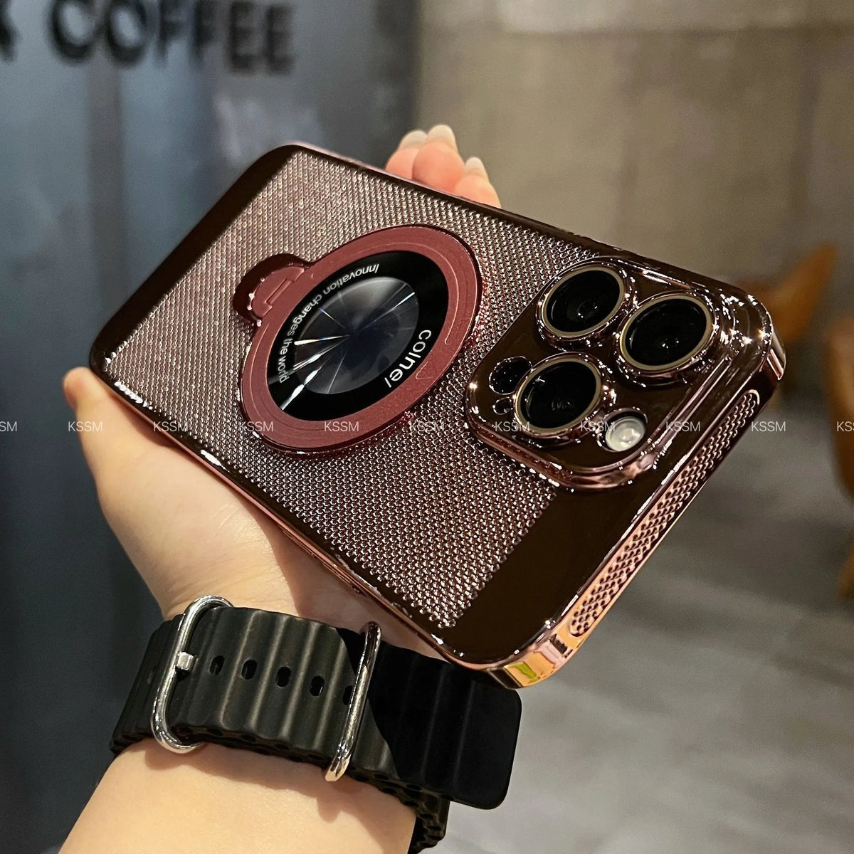 Rotary magnetic phone case with bracket and honeycomb cooling holes, electroplated PC, for iPhone 15