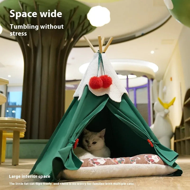 Brown semi-closed cloth cat house with thickened walls for winter sleeping