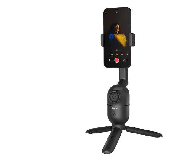 Black folding phone bracket with PTZ head extended on a tripod, showing phone clamp and control paddle