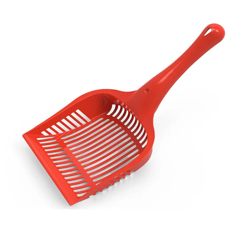 Red plastic cat litter scoop showing small and medium size options for pet toilet cleaning