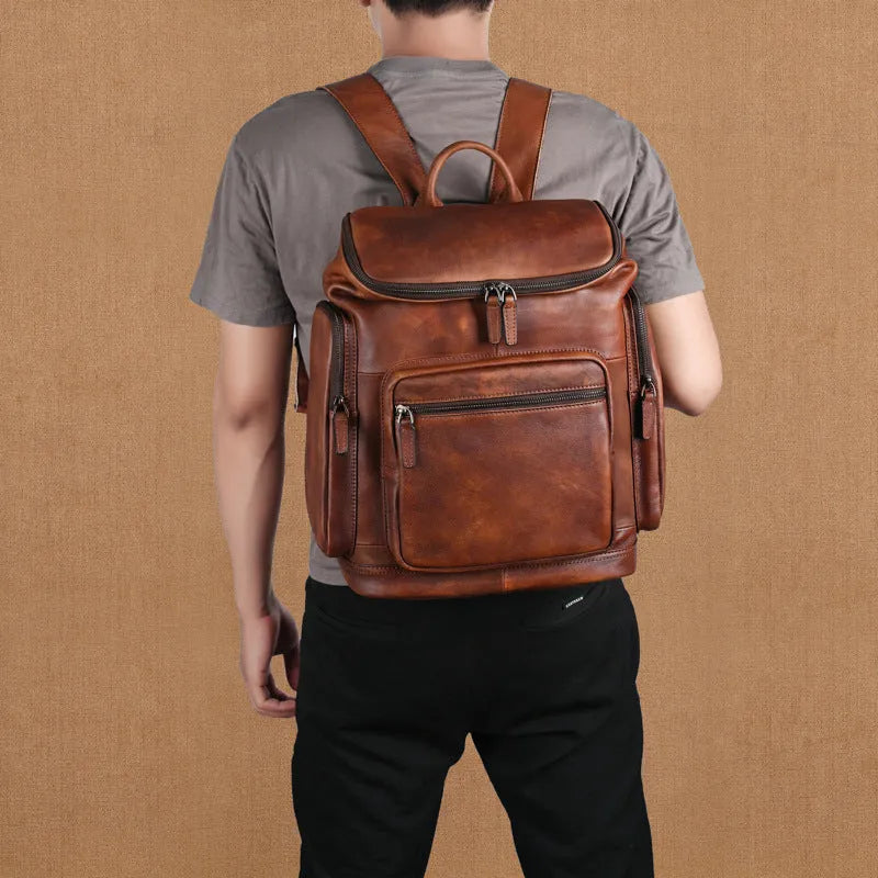 Genuine retro double-layer cowhide backpack for men, 14 inch light brown leather travel backpack with patchwork