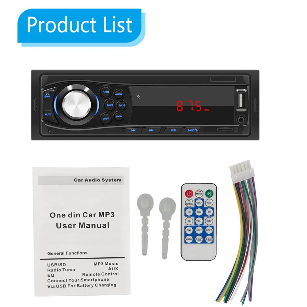 Black car Bluetooth MP3 player FM radio model 1028 with 12V DC power, monochrome screen, and remote control
