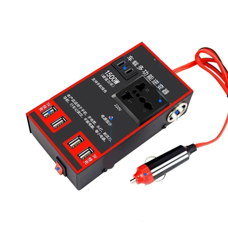 Black 12V/24V to 220V automotive power converter with 4 USB ports for car socket connection