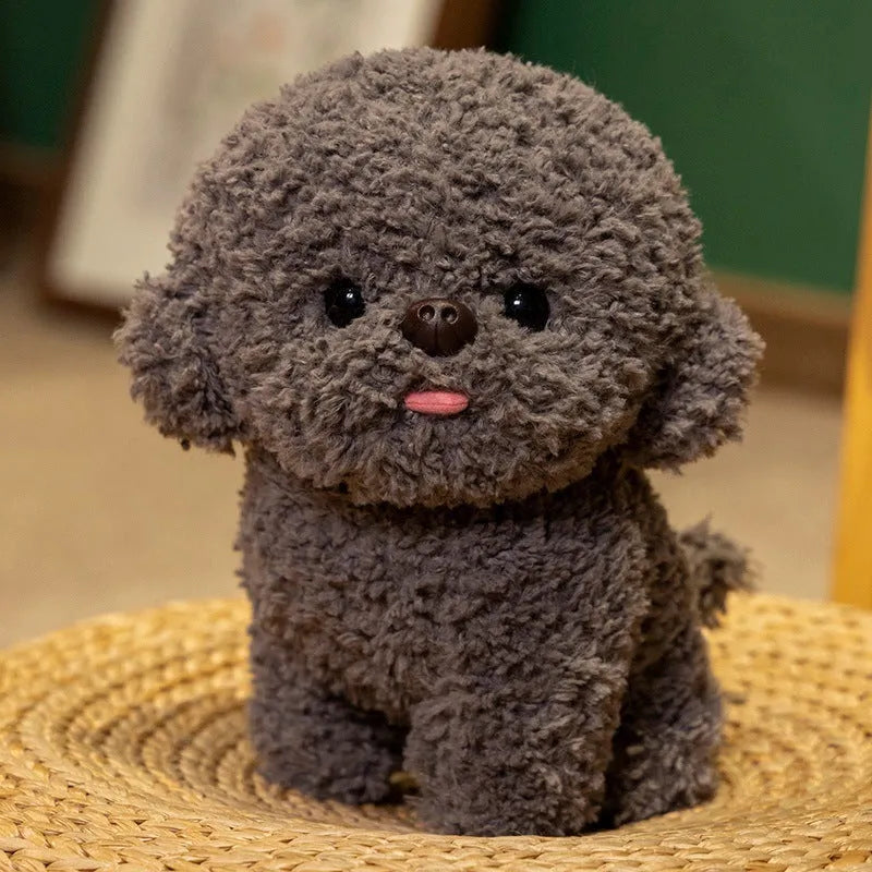 Bichon Frise plush toy with tongue-sticking design, shown in gray or white and available in 20cm or 30cm sizes.