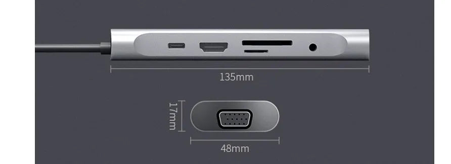 Grey aluminium USB-C docking station with 4K HDMI, VGA, and USB ports, showing 140mm attached cable.