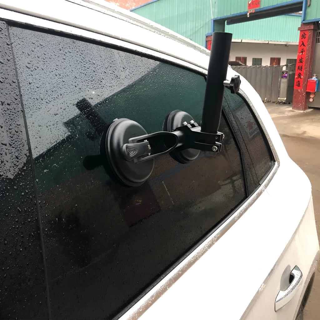 Black ABS off-road car sucker base with a round rubber sucker for mounting flagpoles on vehicle glass.