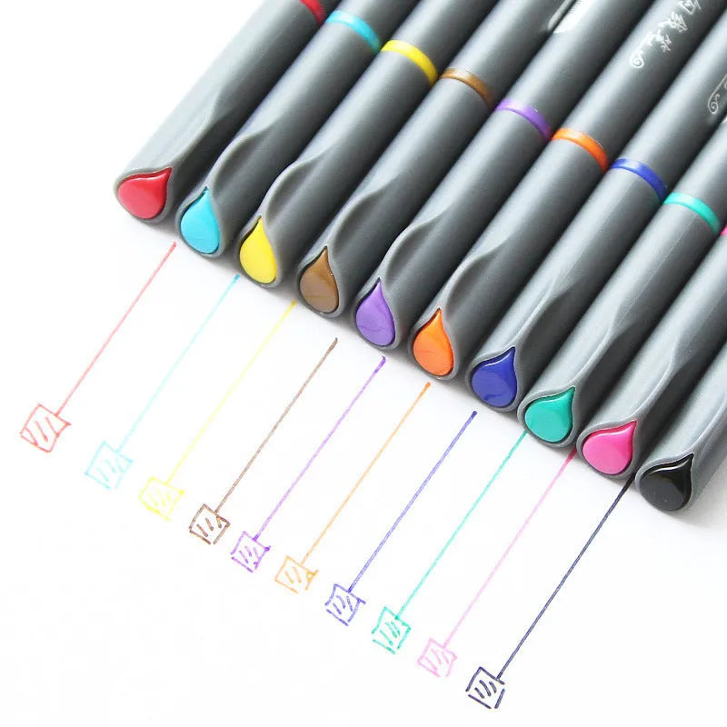 Set of ten 15.8cm long black hook line pens with 0.38mm tips for technical drawing.
