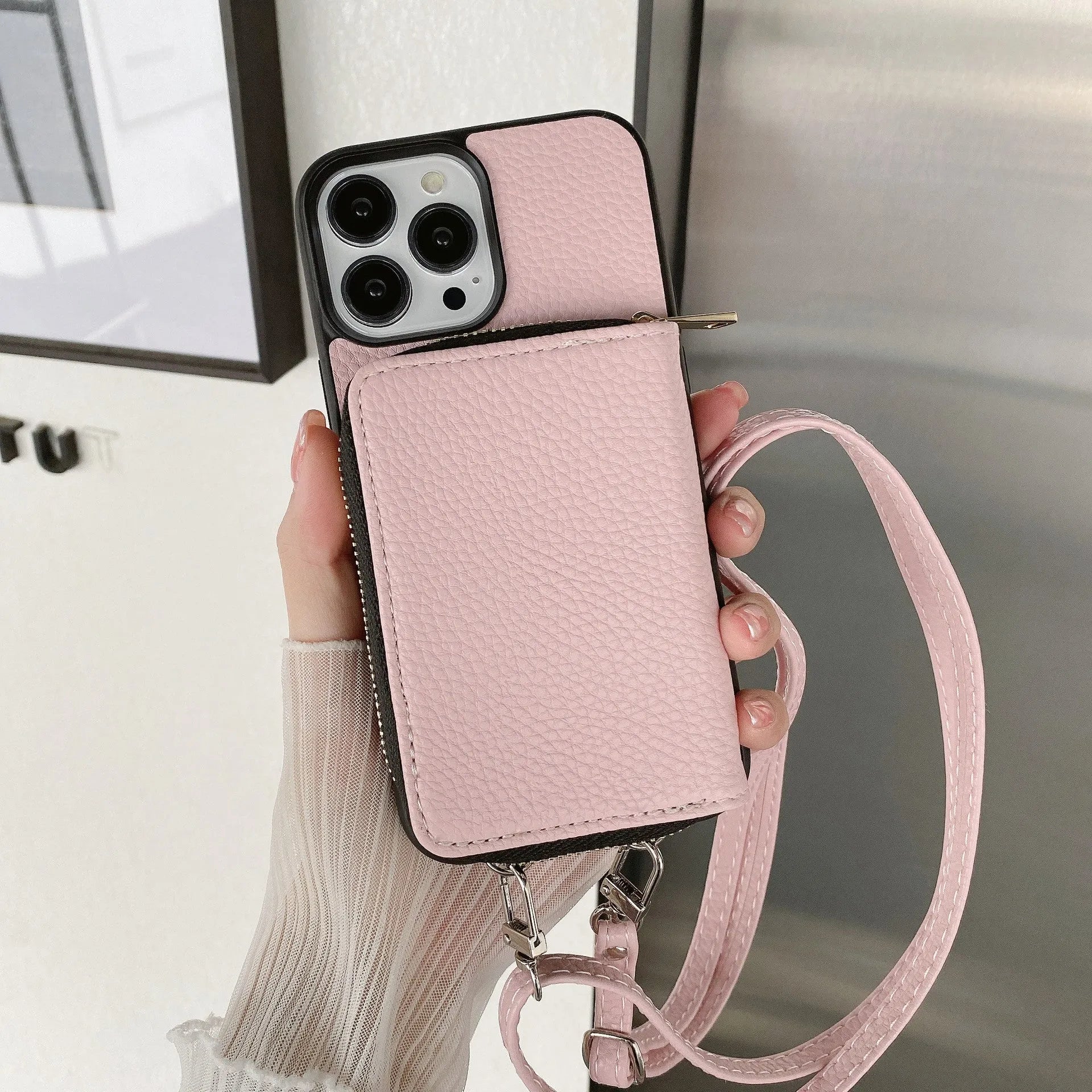 Litchi patterned protective phone case for iPhone models in various colours including black and green.