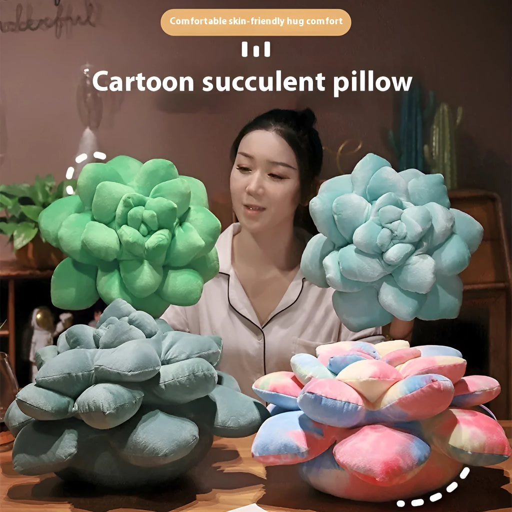 Cartoon succulent plush toy in green or tie dye, 35cm or 45cm, shown as a plant-shaped pillow