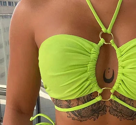 Women's yellow green lace-up triangle bikini swimsuit with t-pants