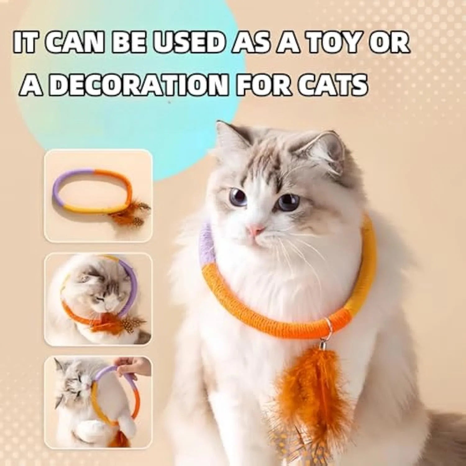 Green circular cotton rope cat toy with white feather attachments