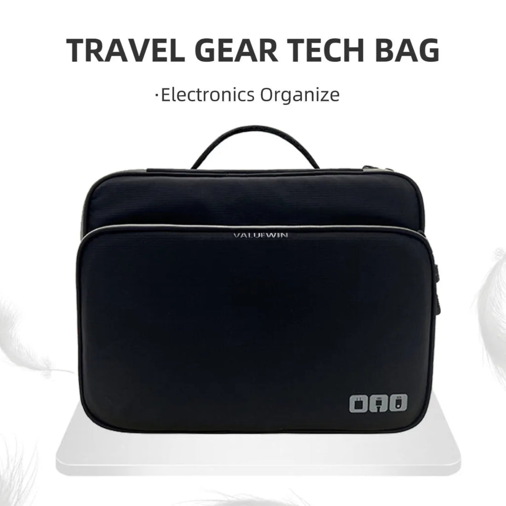 Grey three-layer travel storage bag with sewing line detailing and waterproof polyester construction