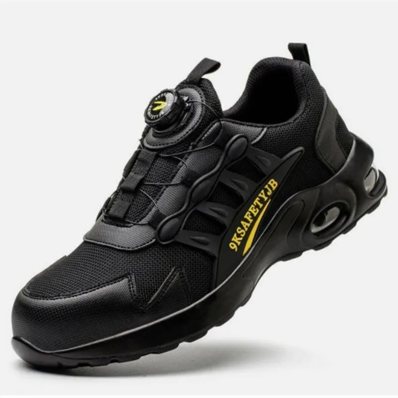 Men's black steel toe anti-puncture safety shoes with suede upper and rubber sole, front lace up closure