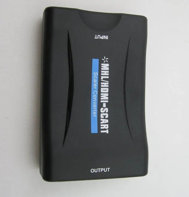 Compact HDMI to Scart converter with 1080P support, showing both HDMI and Scart ports