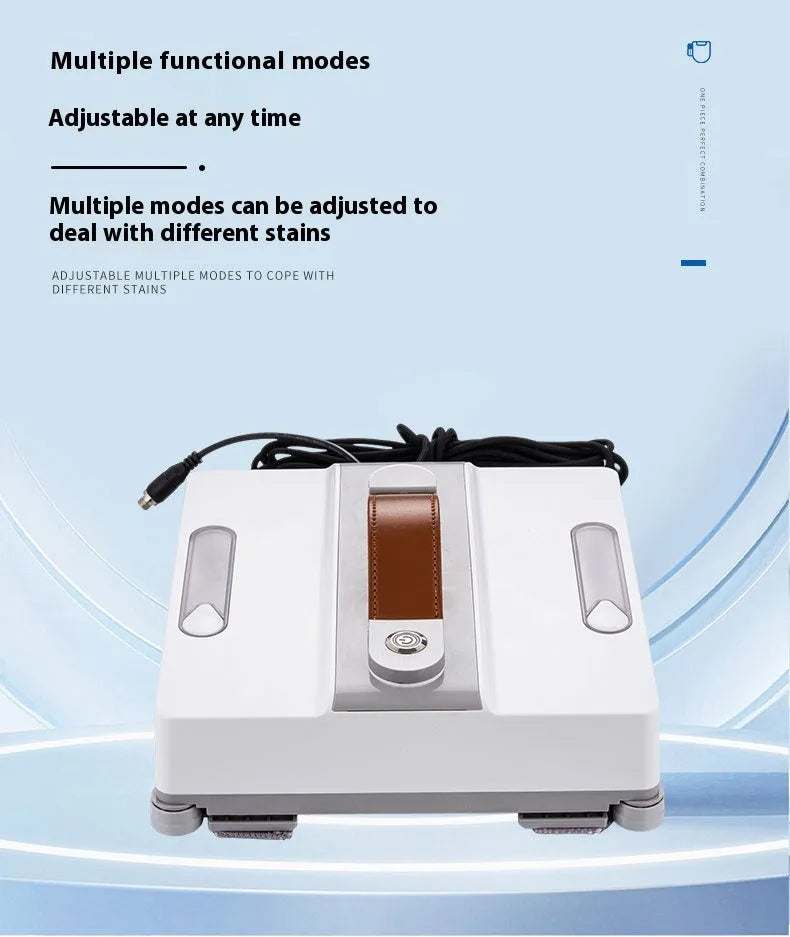 White intelligent window cleaning robot for high-rise buildings on a window pane.