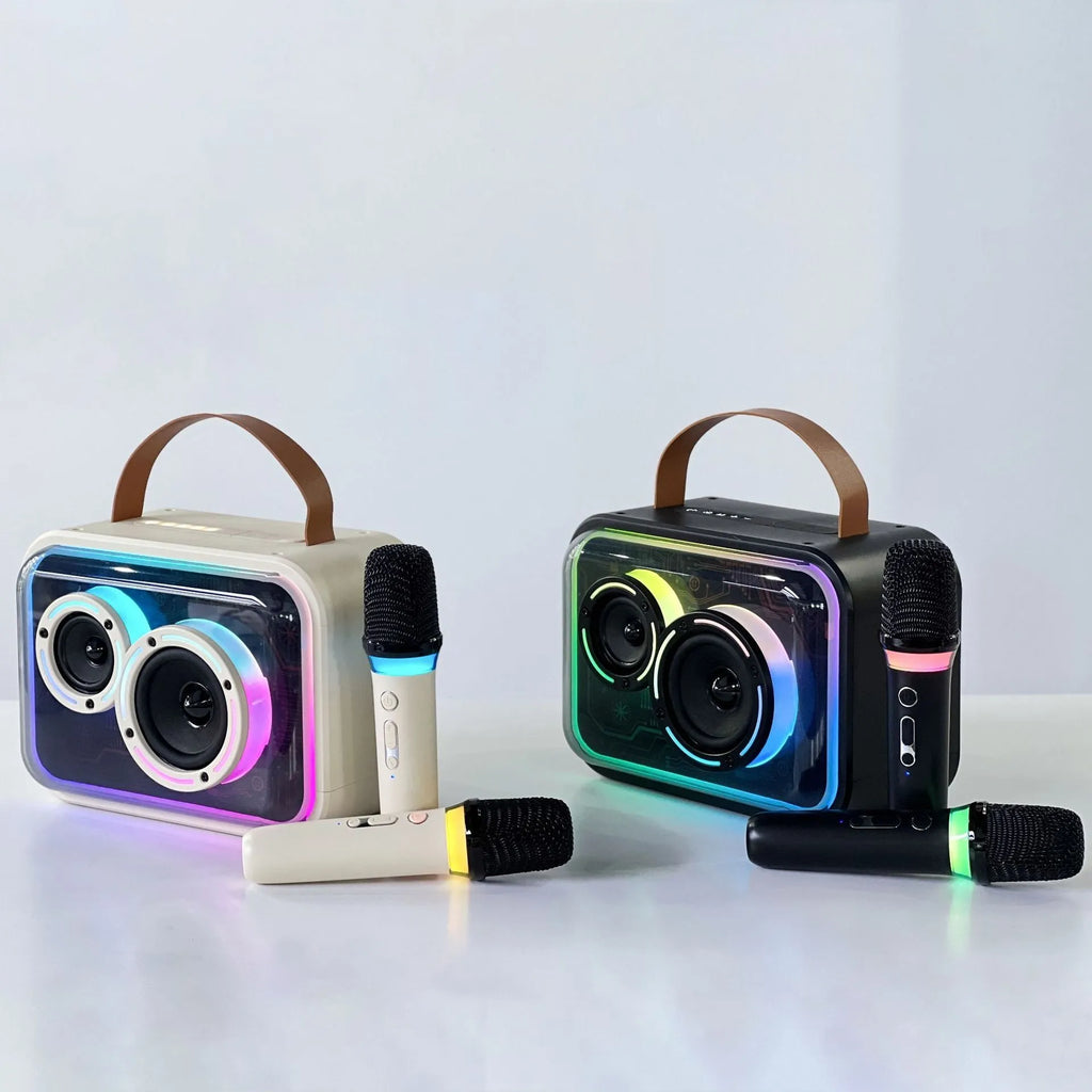 Portable Bluetooth karaoke speaker with colourful RGB lights showing black or light yellow colour options