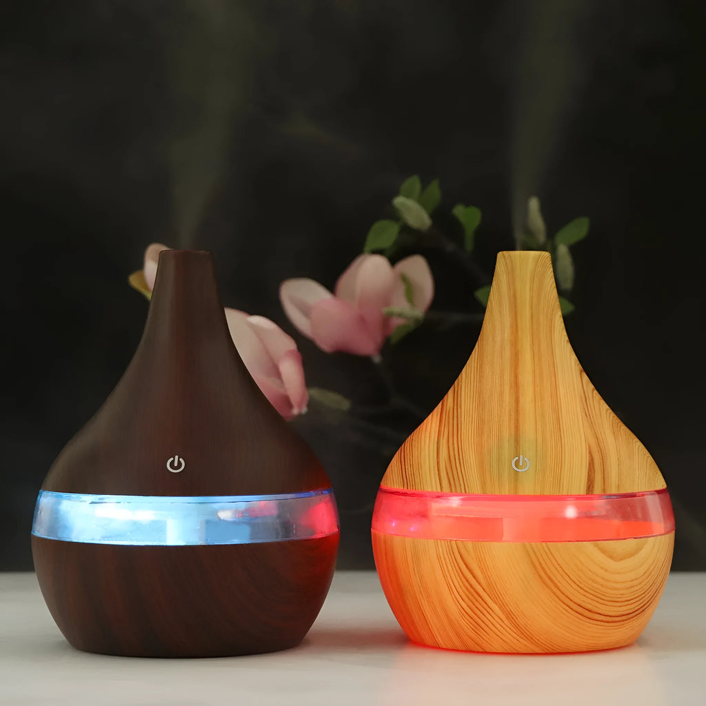 USB mini air purifier humidifier with wood grain finish in columnar shape for small rooms.