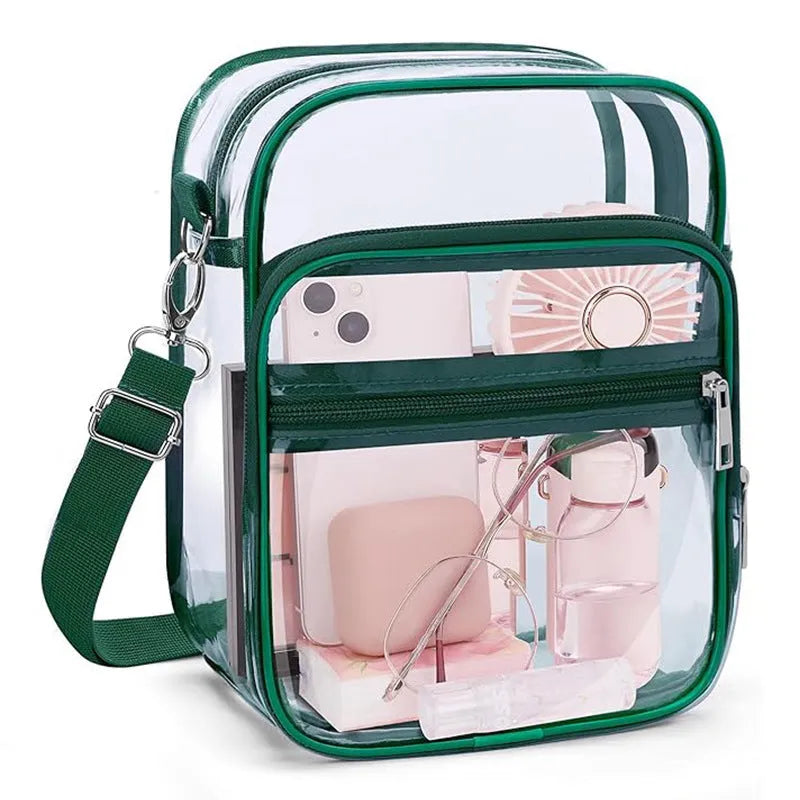 PVC waterproof crossbody bag in cube style design showing dimensions and colour options
