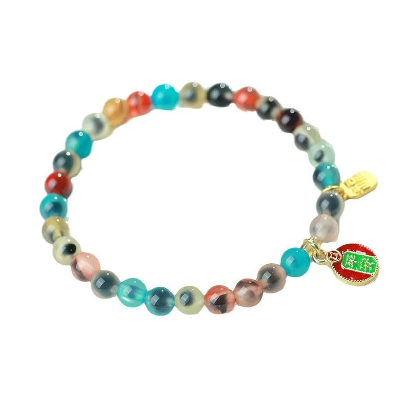 Women's natural agate snake bracelet with copper coin and coloured glaze decoration in choice of symbolic patterns