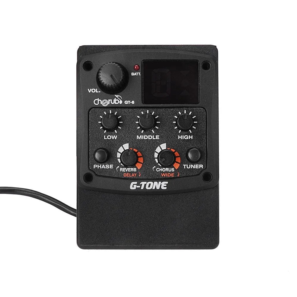 Cherub GT-6 black acoustic guitar preamp with EQ knobs and effects controls for soundhole mounting.