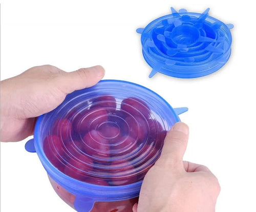Six round stretch silicone covers in assorted colours, sizes 2.6 to 8.3 inches
