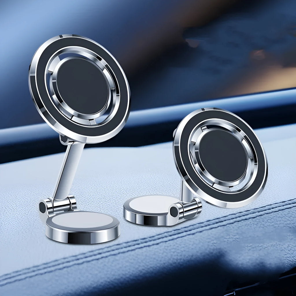Obsidian black car phone holder with flexible clip and 360-degree rotating bracket on a dashboard.