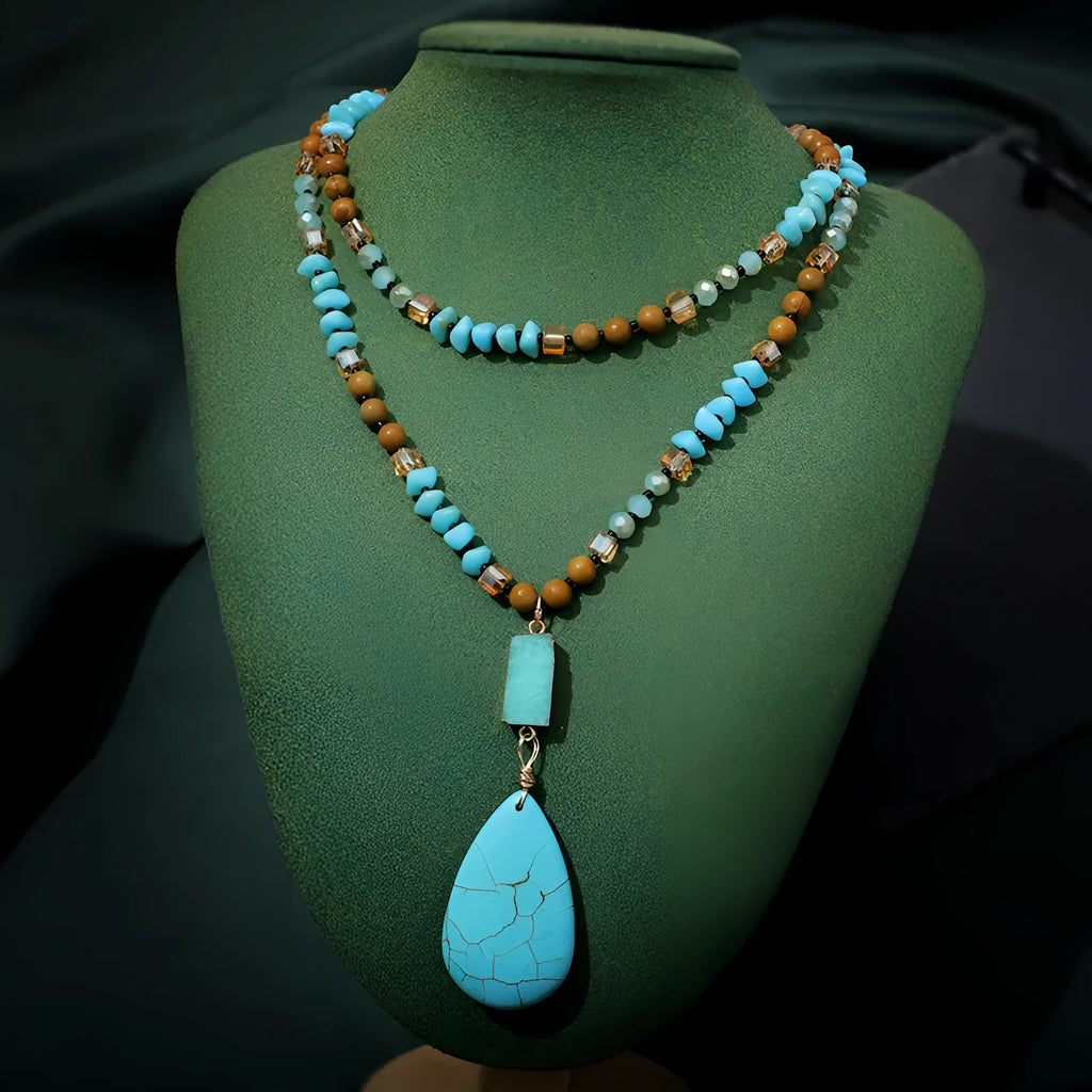 Blue turquoise pendant necklace with mixed gem inlay on ball bead chain