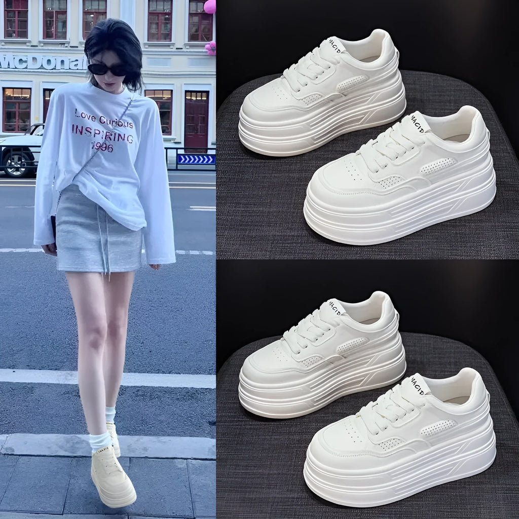 Creamy white beige leather platform casual shoes with lace-up and cross strap closure, round toe, low top, high heel 6-8cm