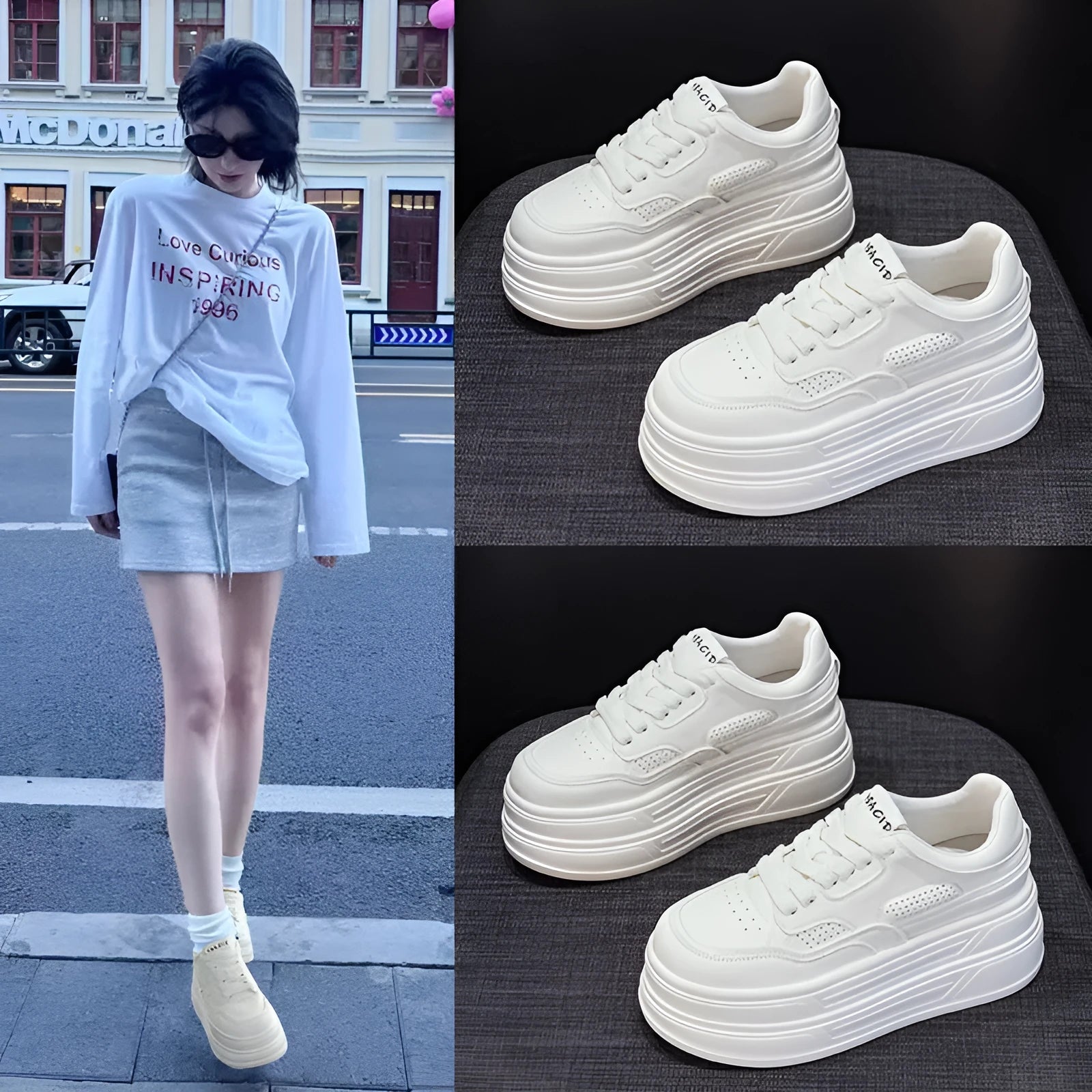 Creamy white beige leather platform casual shoes with lace-up and cross strap closure, round toe, low top, high heel 6-8cm