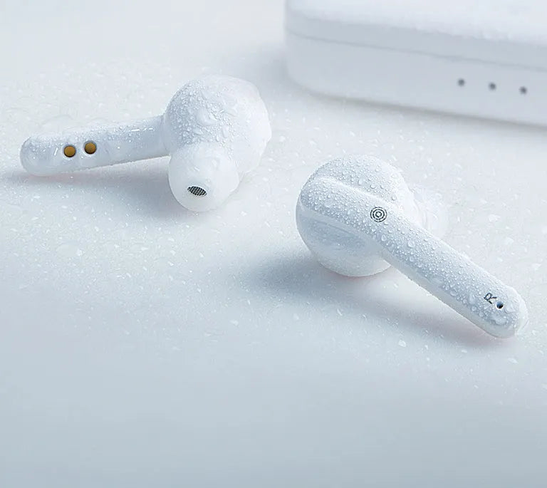 Black and white true wireless stereo earbuds with charging case, featuring Bluetooth 5.0 and IPX5 waterproof rating.