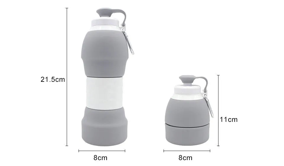 Blue silicone folding water bottle shown at full 22cm height and folded to 11cm height