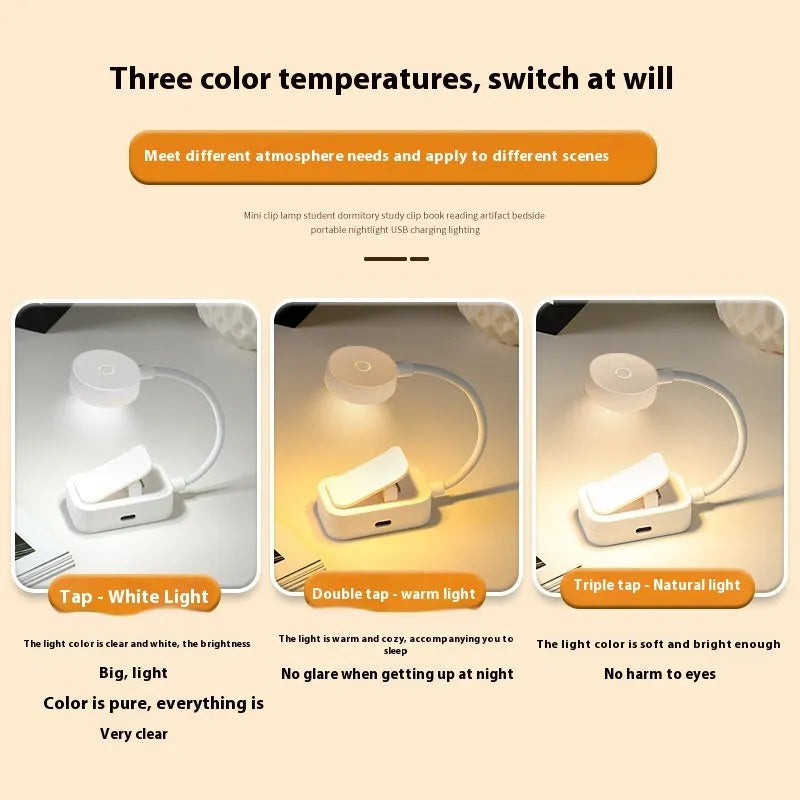 White plastic rechargeable LED book clip light clipped onto a book with USB charging cable