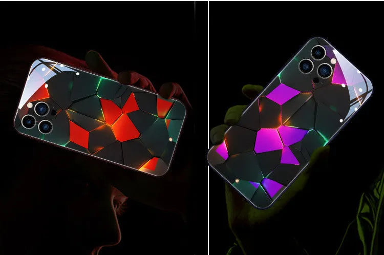 Xpress 14 iPhone case with illuminated lightning bolt design on tempered glass back.