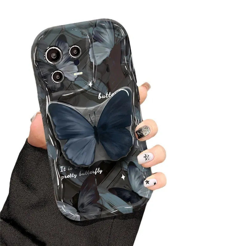 Butterfly bracket silicone drop-resistant phone case for Apple iPhone, solid black design, thermal transfer process, all-inclusive protection