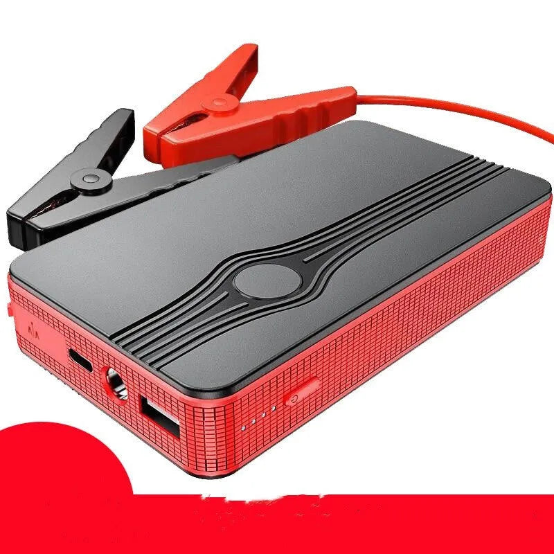 Red K4-E automobile emergency starting power supply unit with data cable, compact rectangular design.