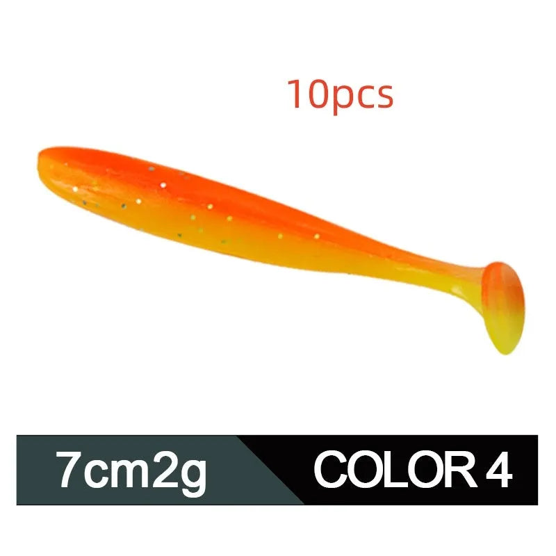 Two-tone soft plastic T-tail fishing lure measuring 7cm, shown in multiple colour variations.