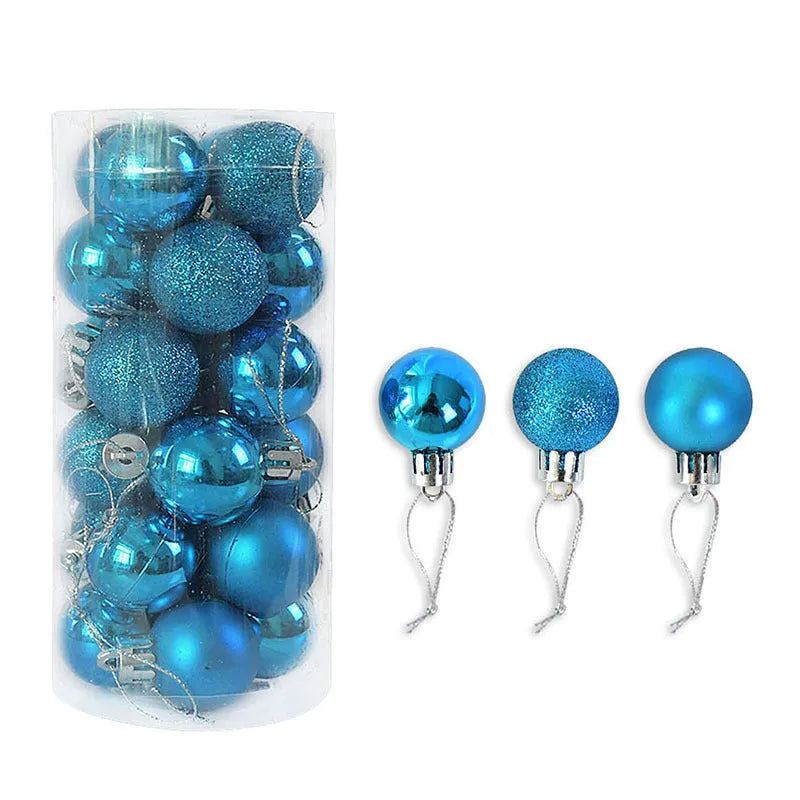 Assortment of 3cm diameter shiny matte plastic Christmas baubles in gold, red, silver, blue, and pink colours.